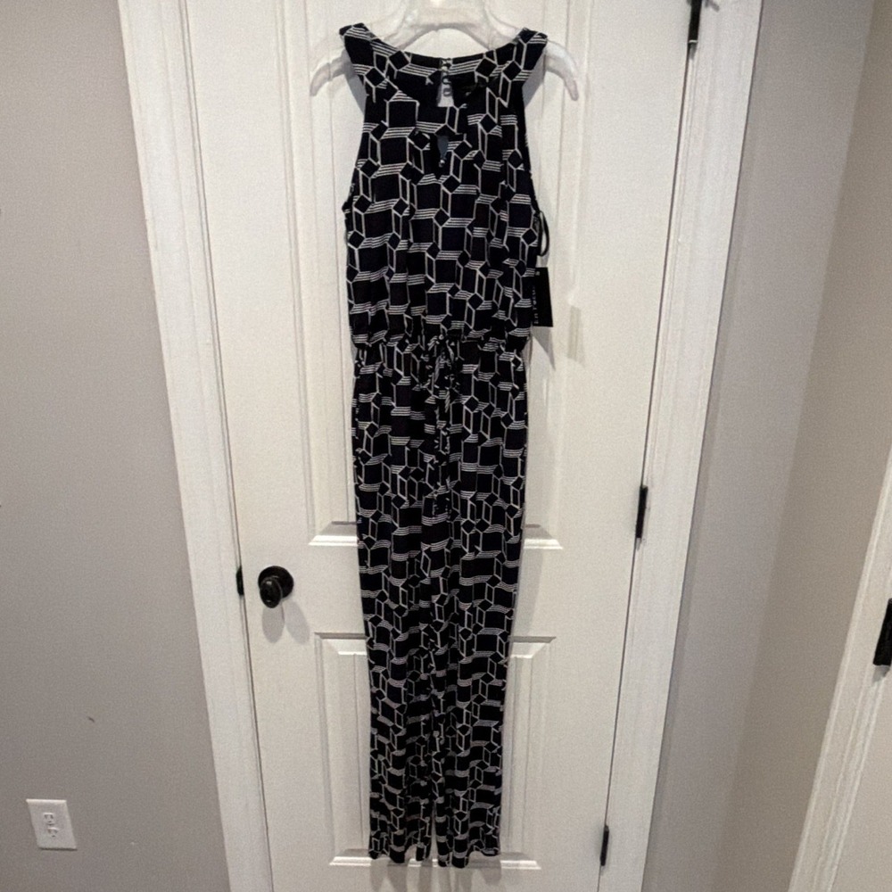 En Focus Studio Women's Size 4 Black/White Geometric Sleeveless Button Jumpsuit